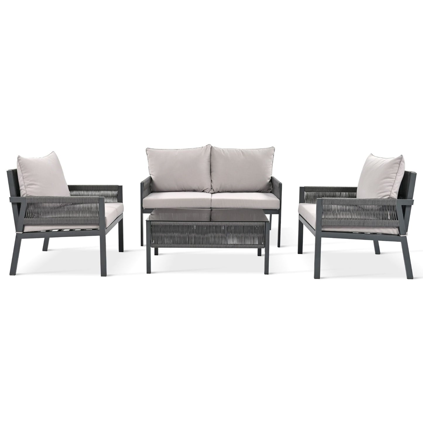 4-Piece Rope Patio Furniture Set, Outdoor Furniture with Tempered Glass Table, Patio Conversation Set Deep Seating with Thick Cushion for Backyard Porch Balcony - Discount Msrp 