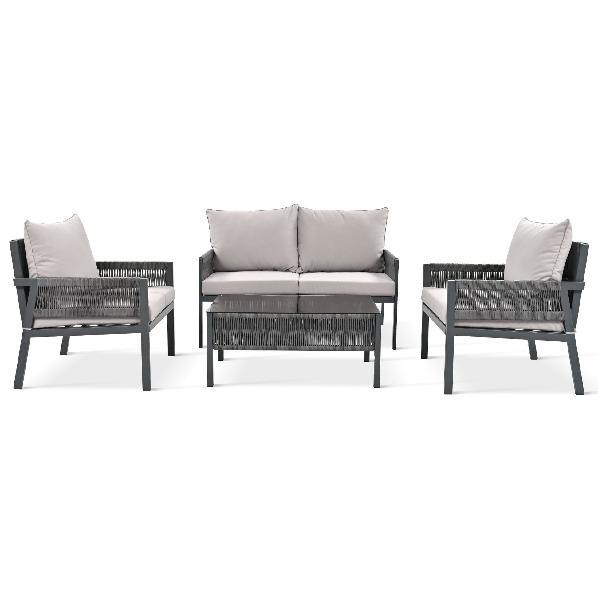 4-Piece Rope Patio Furniture Set, Outdoor Furniture with Tempered Glass Table, Patio Conversation Set Deep Seating with Thick Cushion for Backyard Porch Balcony - Discount Msrp 