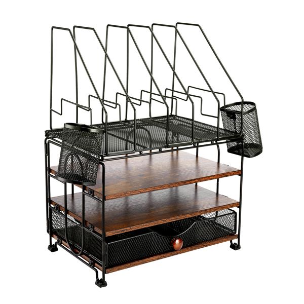Desktop organizer with file rack, 3-layer paper letter tray organizer with drawers and 2 pen holder, mesh desktop organizer and office supplies storage with magazine rack (black) - Discount Msrp 