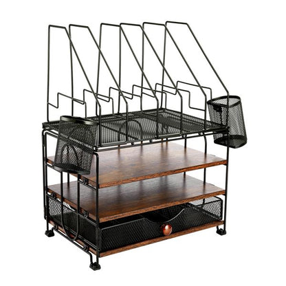 Desktop organizer with file rack, 3-layer paper letter tray organizer with drawers and 2 pen holder, mesh desktop organizer and office supplies storage with magazine rack (black) - Discount Msrp 