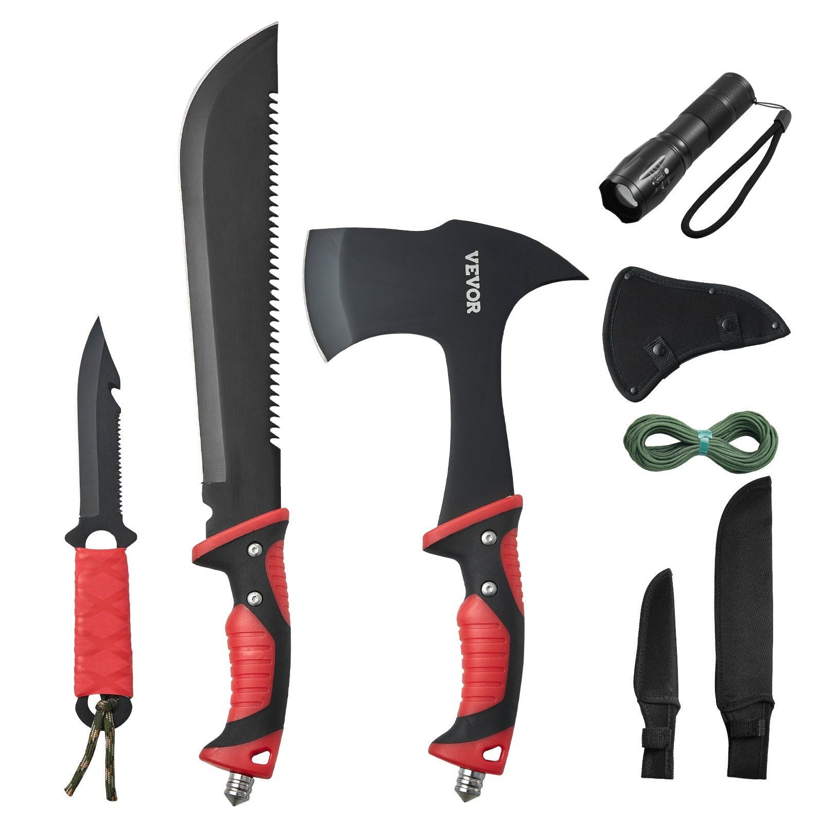 Camping Hatchet Machete Knife Set Sheath Hunting Knife Flashlight Paracord - Discount Msrp 