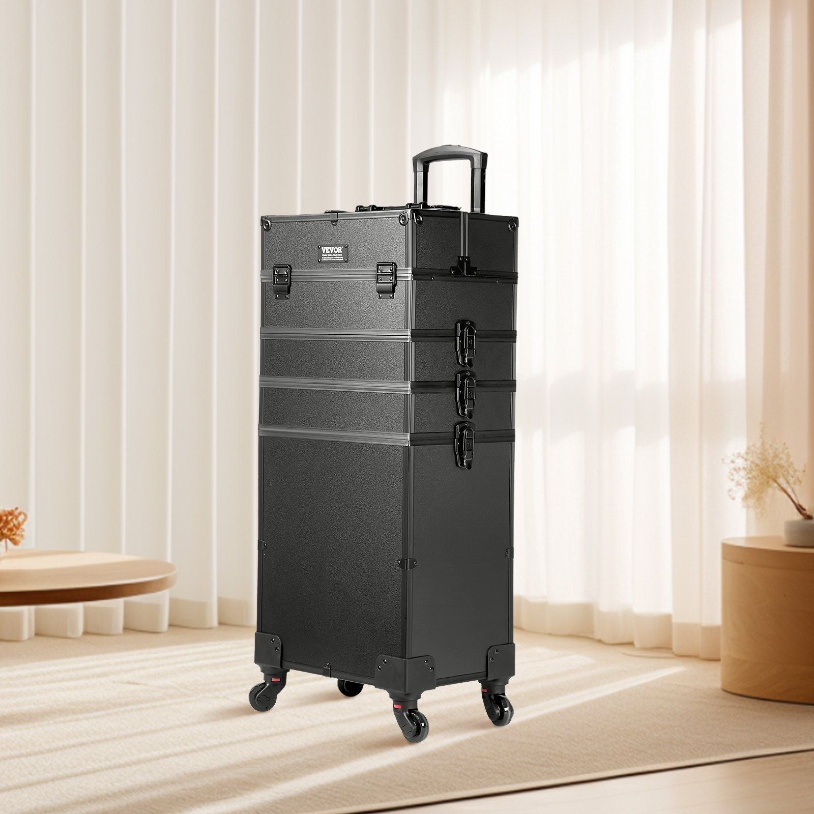 VEVOR 5 in 1 Professional Makeup Train Case Aluminum Cosmetic Case, Rolling Makeup Case Extra Large Trolley Makeup Travel Organizer, with 360° Swivel Wheels & Adjustable Pull Rod, Black - Discount Msrp 