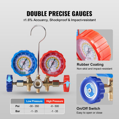VEVOR AC Gauge Set - 3 Way AC Manifold Gauge Set for R134A R22 R12 R502 Refrigerant, Freon Gauges with 5ft Hoses, Couplers, Can Tap Works on Car Auto Freon Charging and Evacuation - Discount Msrp 