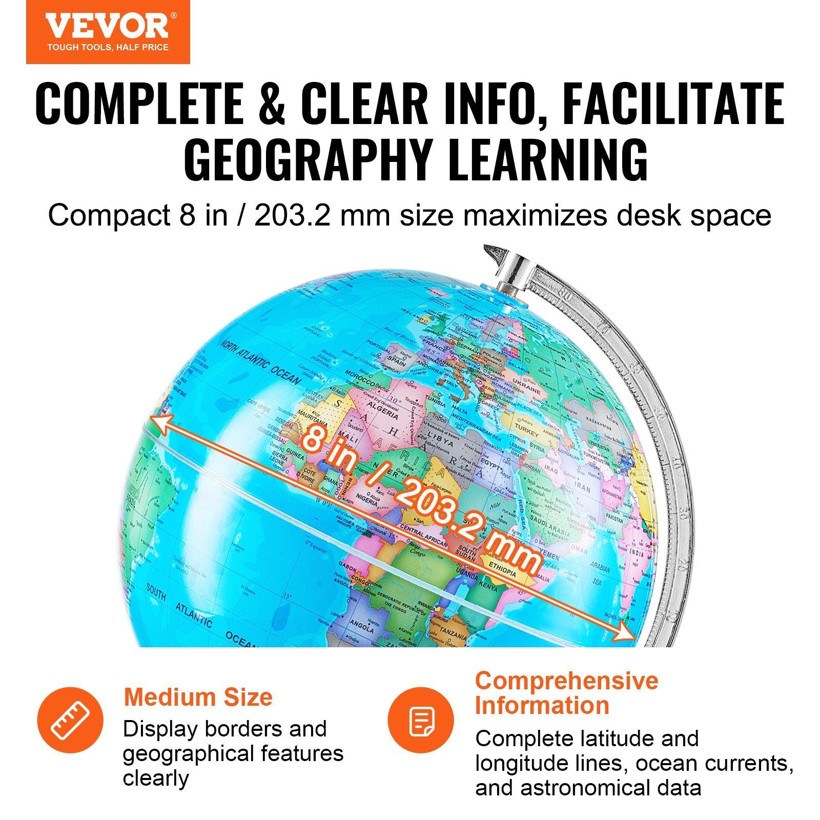 VEVOR Rotating World Globe with Stand, 8 in/203.2 mm, Educational Geographic Globe with Precise Time Zone ABS Material, 360° Spinning Globe for Kids Children Learning Classroom Geography Education - Discount Msrp 