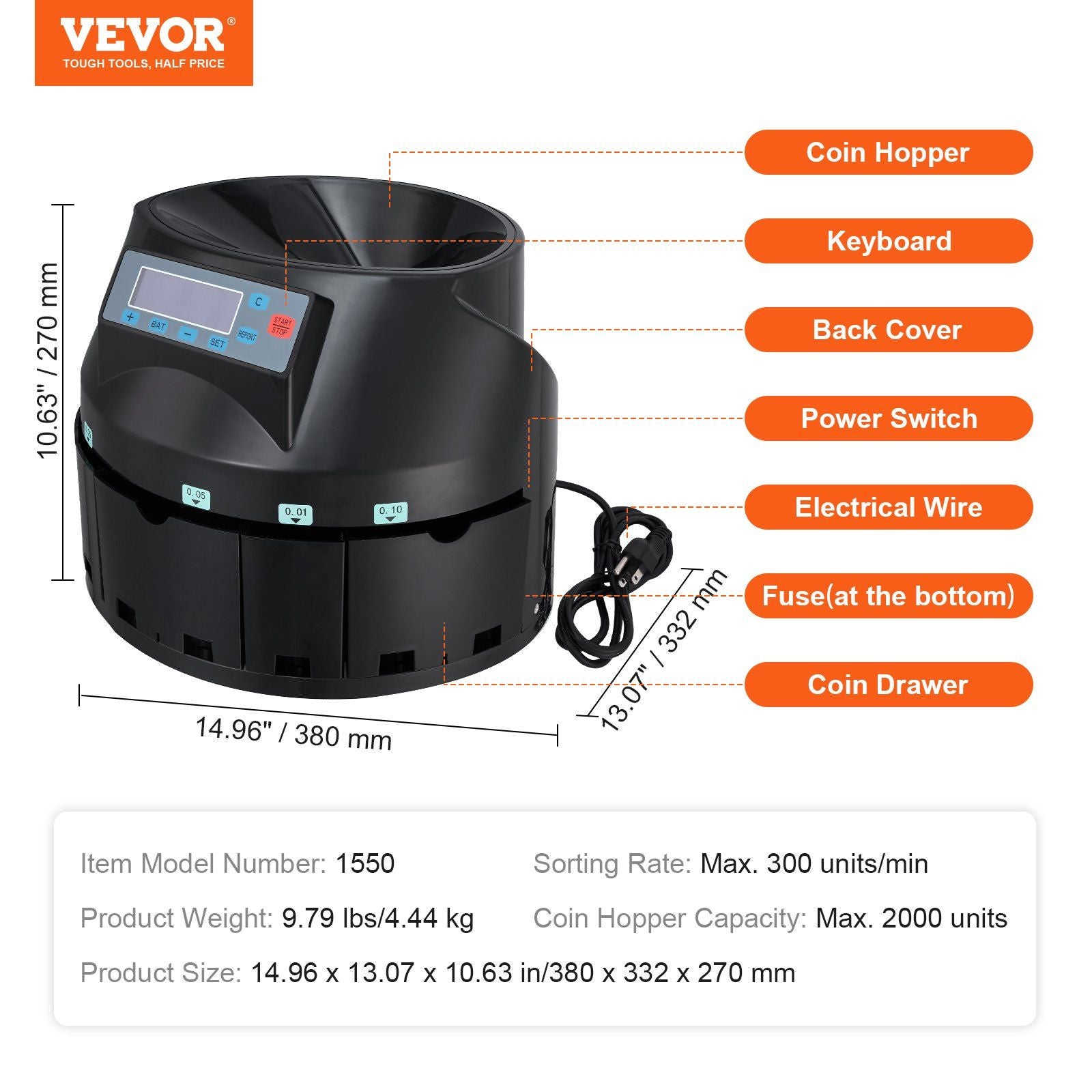 VEVOR USD Coin Sorter Coin Counter Wrapper and Roller 300 Coins/min LCD Display - Discount Msrp 