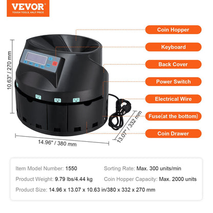 VEVOR USD Coin Sorter Coin Counter Wrapper and Roller 300 Coins/min LCD Display - Discount Msrp 