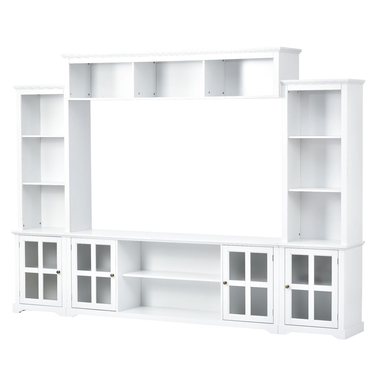 [VIDEO provided] ON-TREND Minimalism Entertainment Wall Unit with Bridge, Modern TV Console Table for TVs Up to 70", Multifunctional TV Stand with Tempered Glass Door, White (Old SKU: SD000009AAK) - Discount Msrp 