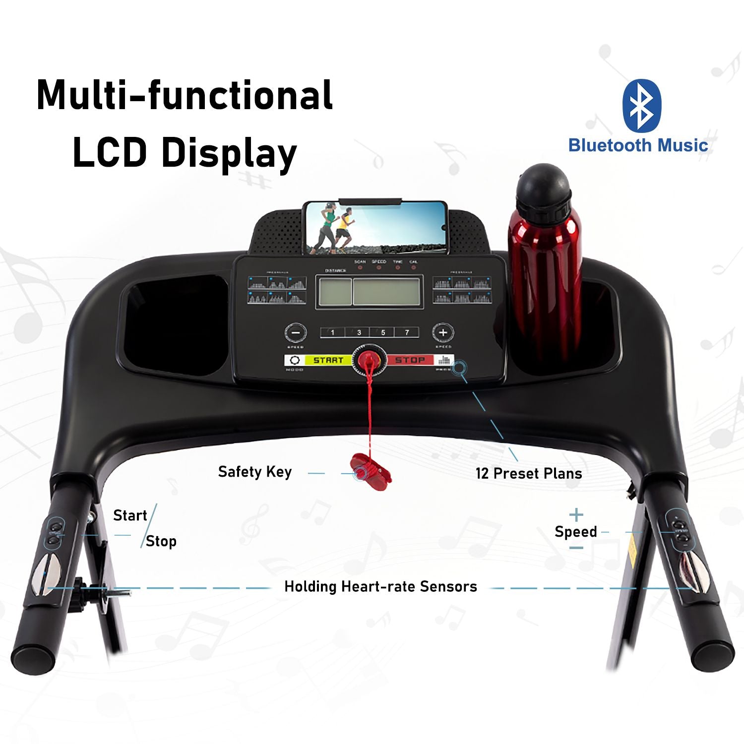 Folding Treadmill with Incline 2.5HP 12KM/H Electric Treadmill for Home Foldable, Bluetooth Music Cup Holder Heart Rate Sensor Walking Running Machine for Indoor Home Gym Exercise Fitness - Discount Msrp 