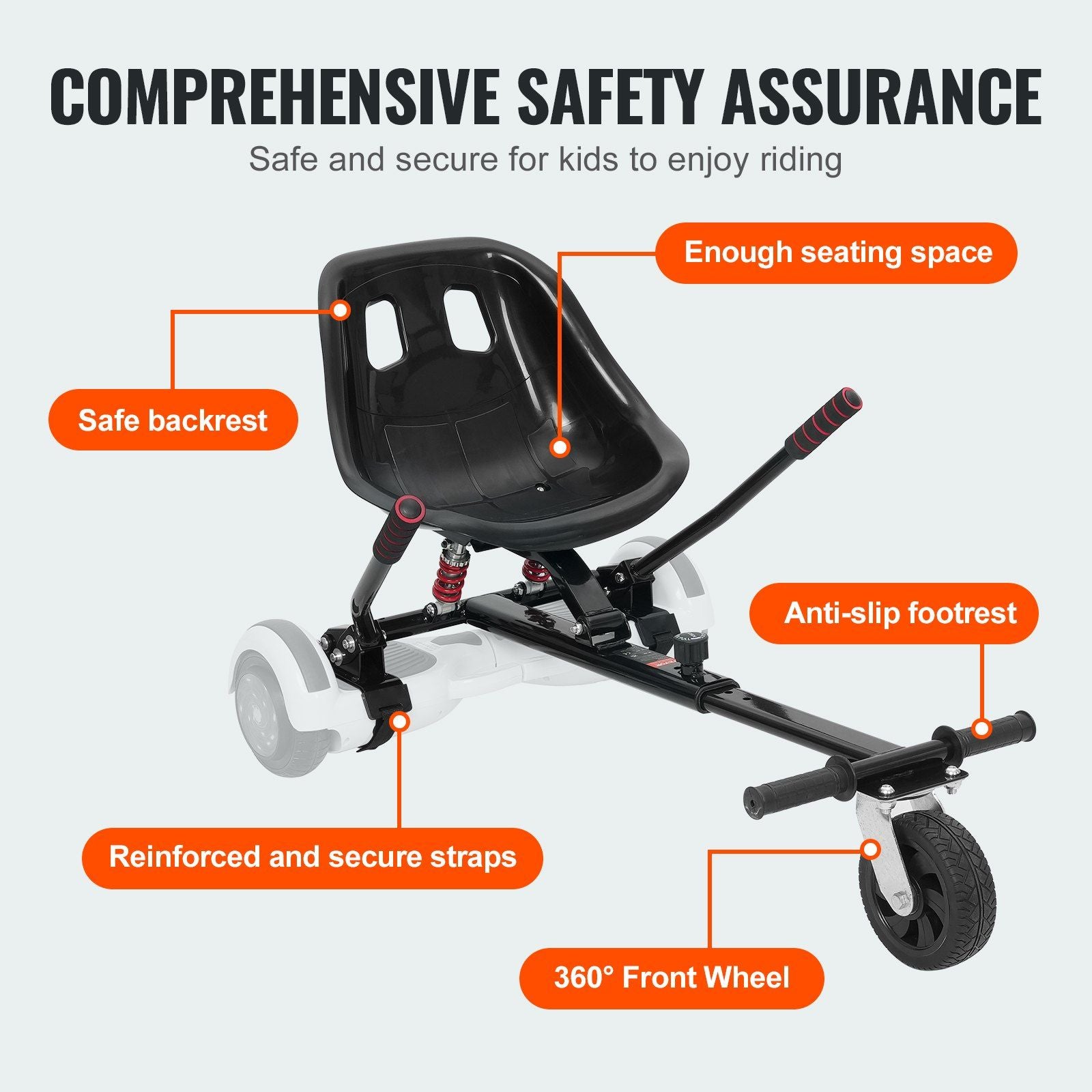 VEVOR Hoverboard Seat Attachment, for 6.5" 8" 8.5" 10" Hoverboards, Dual Shock Absorption System, Grips Control, Adjustable Length 270 LBS load Capacity, Hover Board Buggy Attachment, for Kids Adults - Discount Msrp 