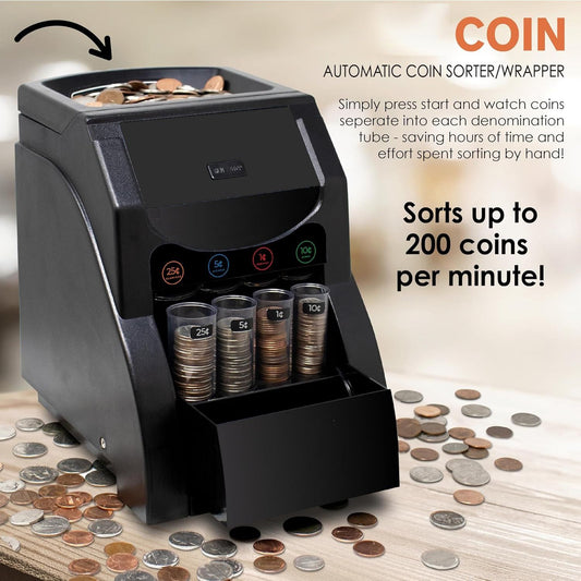 USD Coin Sorter, Coin Sorter Machine for USD Coin, Sorts up to 230 Coins/min, Coin Sorter and Wrapper Machine Holds 200 Coins Included 4 Coin Tubes, Black - Discount Msrp 