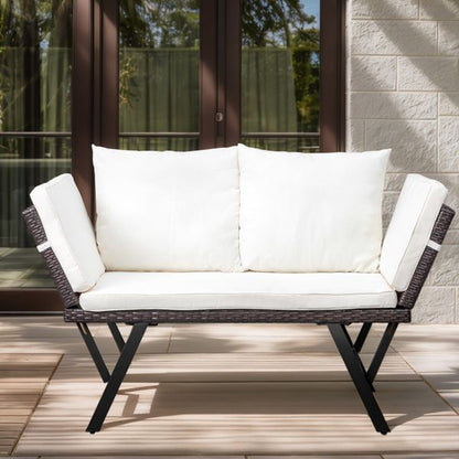 Outdoor Sofa, Woven Rattan Patio Furniture, Convertible Daybed or Double Chair with Adjustable Armrests, Cushions and Pillows for Yard Porch Pool, Gray Lounger & Beige Cushion - Discount Msrp 