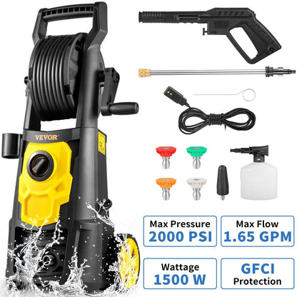 VEVOR Electric Pressure Washer, 2000 PSI, Max 1.65 GPM Power Washer w/ 30 ft Hose & Reel, 5 Quick Connect Nozzles, Foam Cannon, Portable to Clean Patios, Cars, Fences, Driveways, ETL Listed - Discount Msrp 