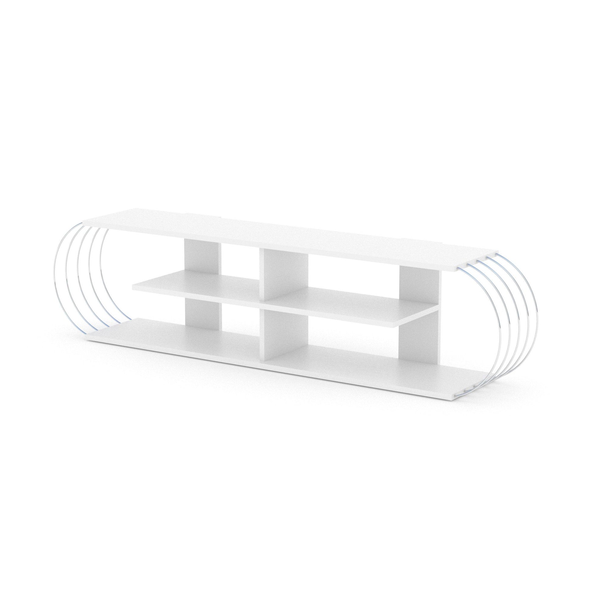 FurnisHome Store Mid Century Modern Tv Stand 4 Shelves Open Storage Entertainment Centre 68 inch Tv Unit, White/Chrome - Discount Msrp 