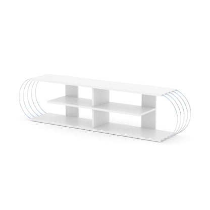 FurnisHome Store Mid Century Modern Tv Stand 4 Shelves Open Storage Entertainment Centre 68 inch Tv Unit, White/Chrome - Discount Msrp 