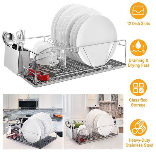 Dish Drying Rack Stainless Steel Dish Rack w/ Drainboard Cutlery Holder Kitchen Dish Organizer - Discount Msrp 