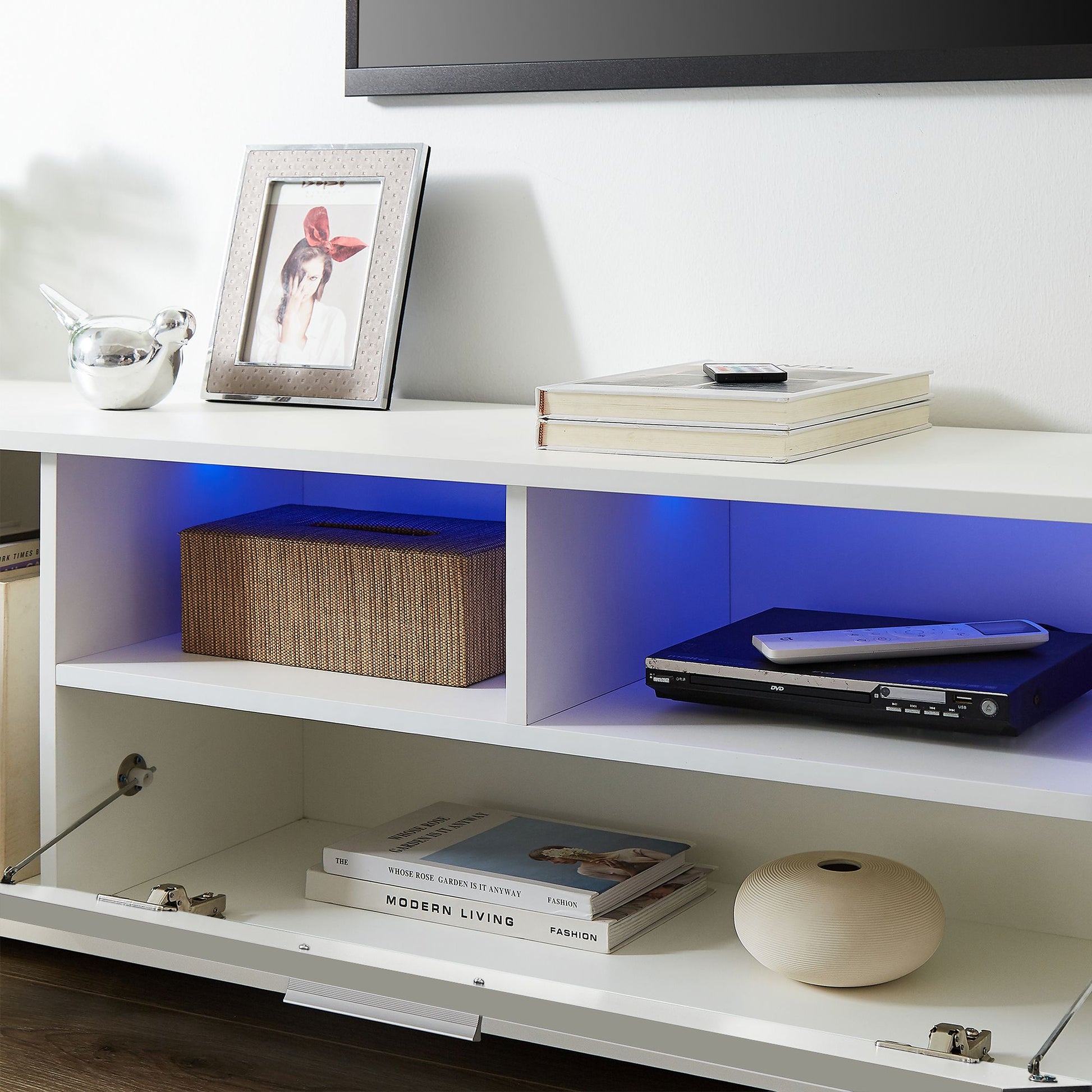 QuickassembleFashionTVstand,TVCabinet,entertainment center TV station,TVconsole,console with LED light belt, light belt can be remote control,with cabinets,open cells,for the living room,bedroom,white - Discount Msrp 