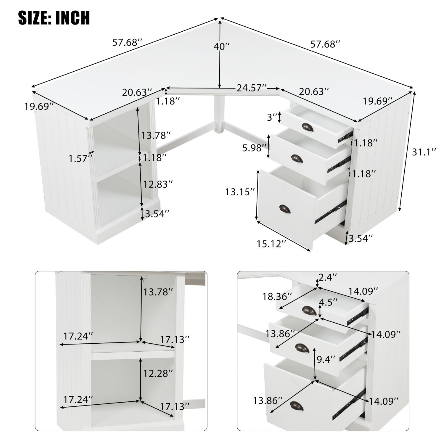 57.68" Modern L Shaped Executive Desk with 2 Storage Cabinets and 3 Drawers,Corner Writing Desk,Office Desk Furniture,Computer Desks with Depth Workstation for Home Office,Living room,White - Discount Msrp 