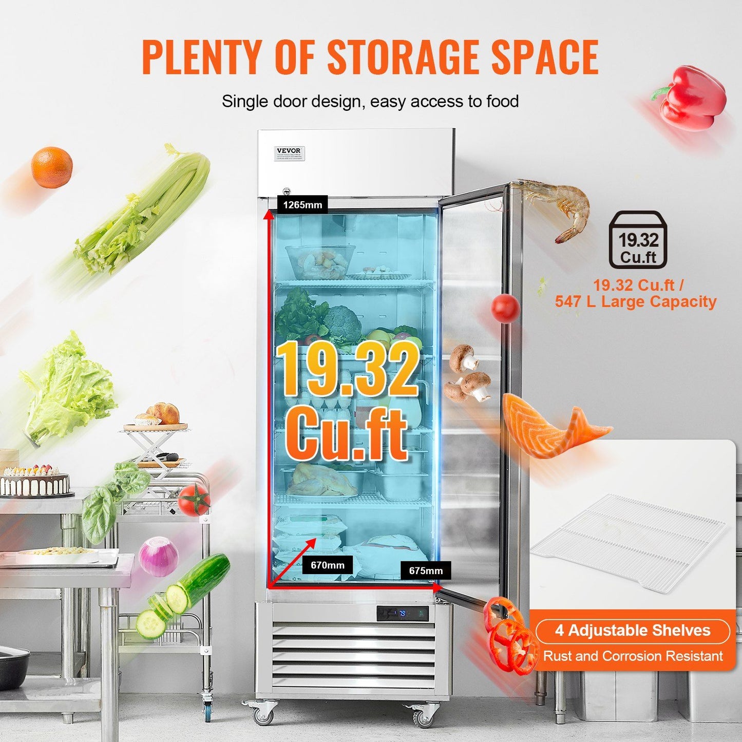 VEVOR Commercial Refrigerator 19.32 Cu.ft, Reach In 27" W Upright Refrigerator Single Door, Auto-Defrost Stainless Steel Reach-in Refrigerator & 4 Shelves, 33 to 41°F Temp Control, LED Light, 4 Wheel - Discount Msrp 
