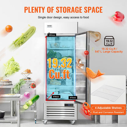 VEVOR Commercial Refrigerator 19.32 Cu.ft, Reach In 27" W Upright Refrigerator Single Door, Auto-Defrost Stainless Steel Reach-in Refrigerator & 4 Shelves, 33 to 41°F Temp Control, LED Light, 4 Wheel - Discount Msrp 