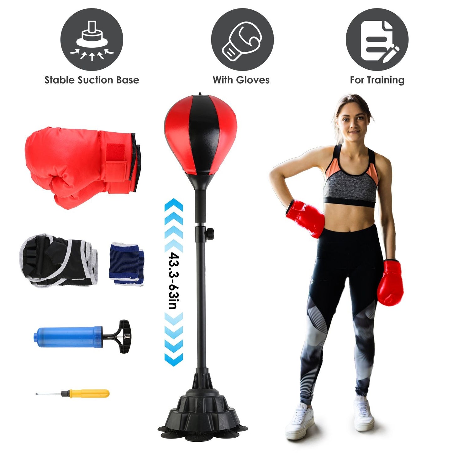 Punching Bag with Stand Free Standing Boxing Ball for Adults 43.3-63in Height Adjustable Boxing Bag with Gloves Wrist Sleeves Stable Suction Base for Fitness Speed Training GPCT5420 - Discount Msrp 