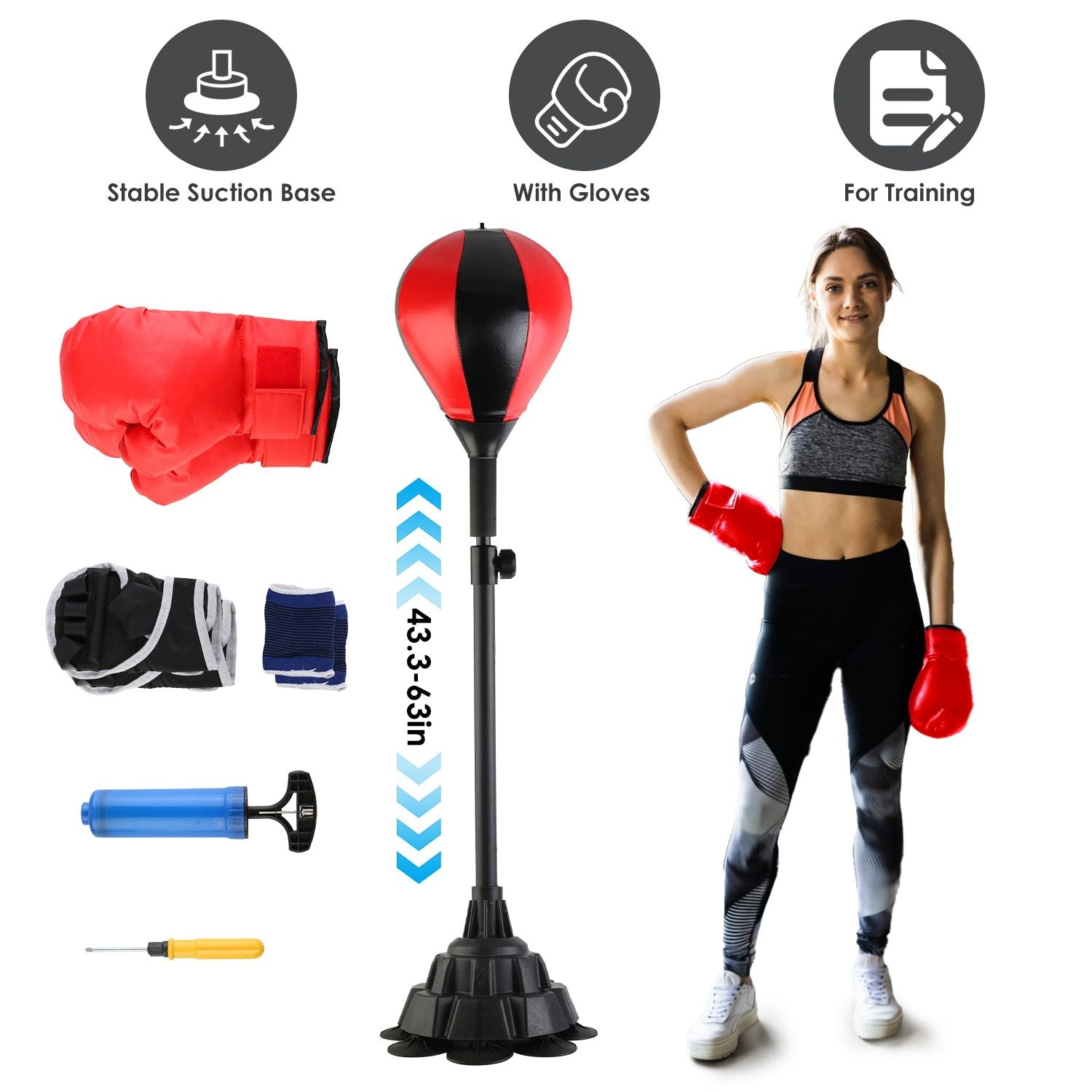 Punching Bag with Stand Free Standing Boxing Ball for Adults 43.3-63in Height Adjustable Boxing Bag with Gloves Wrist Sleeves Stable Suction Base for Fitness Speed Training GPCT5420 - Discount Msrp 