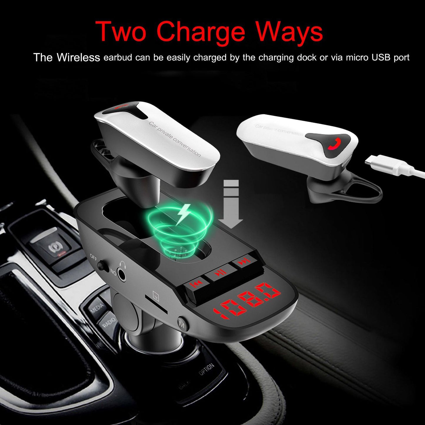 Car FM Transmitter w/ Wireless Earpiece 2 USB Charge Ports Hands-free Call MP3 Player - Discount Msrp 