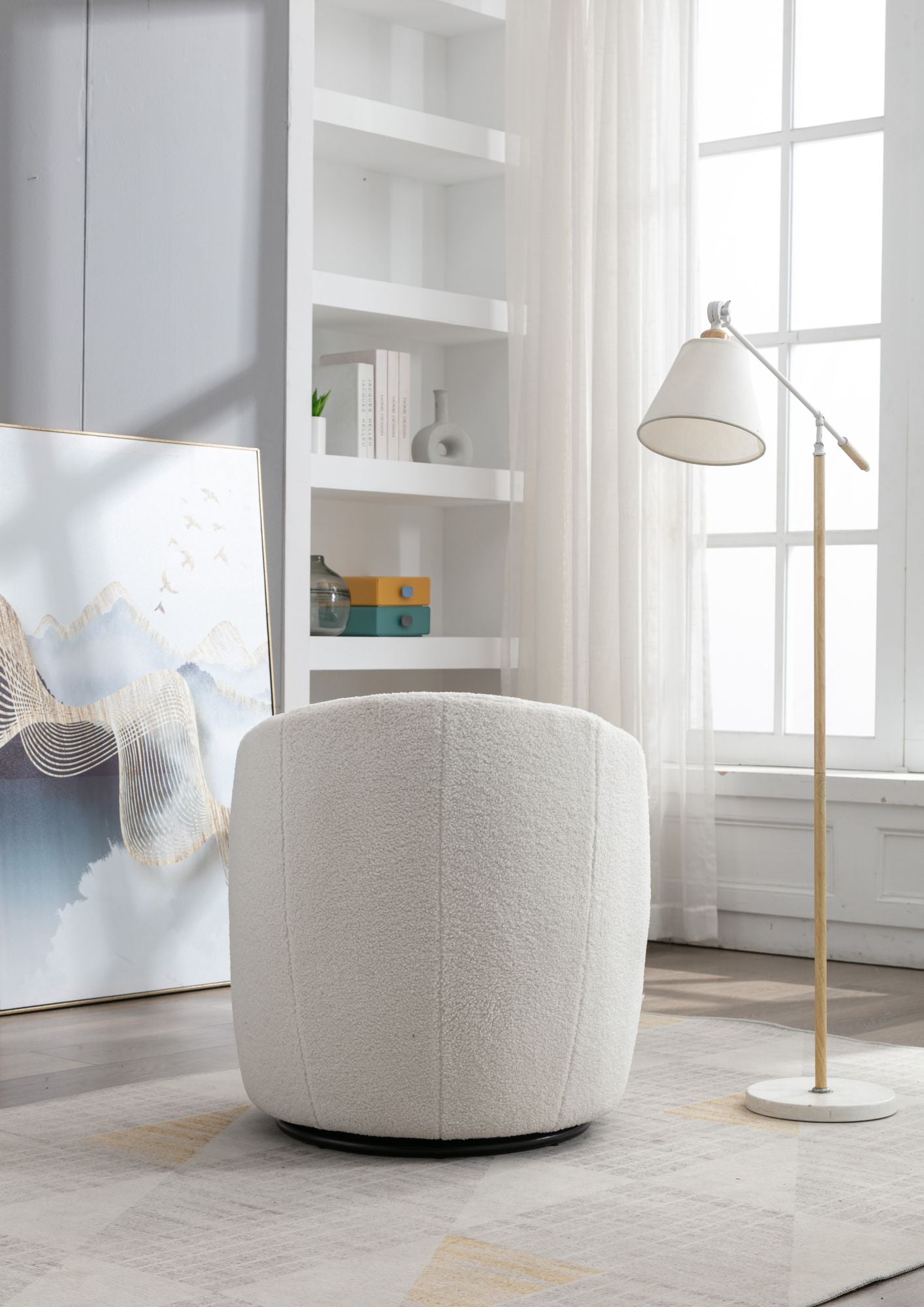 Teddy Fabric Swivel Accent Armchair Barrel Chair With Black Powder Coating Metal Ring,Ivory White - Discount Msrp 