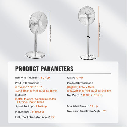 16" Industrial Pedestal Fan 3-Speed Oscillating Fan Height Adjustable Silver - Discount Msrp 