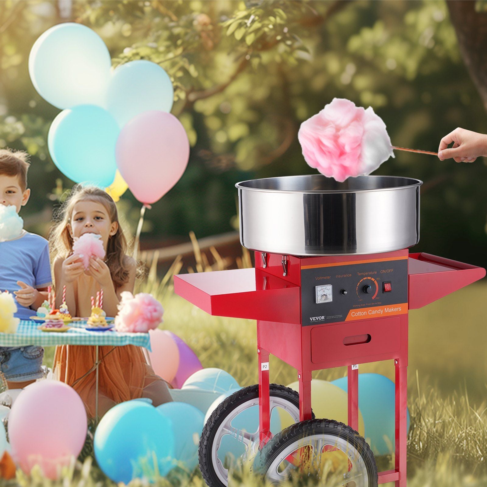 VEVOR Electric Cotton Candy Machine with Cart, 1000W Commercial Candy Floss Maker with Stainless Steel Bowl, Sugar Scoop and Drawer, Perfect for Home, Kids Birthday, Family Party, Red - Discount Msrp 