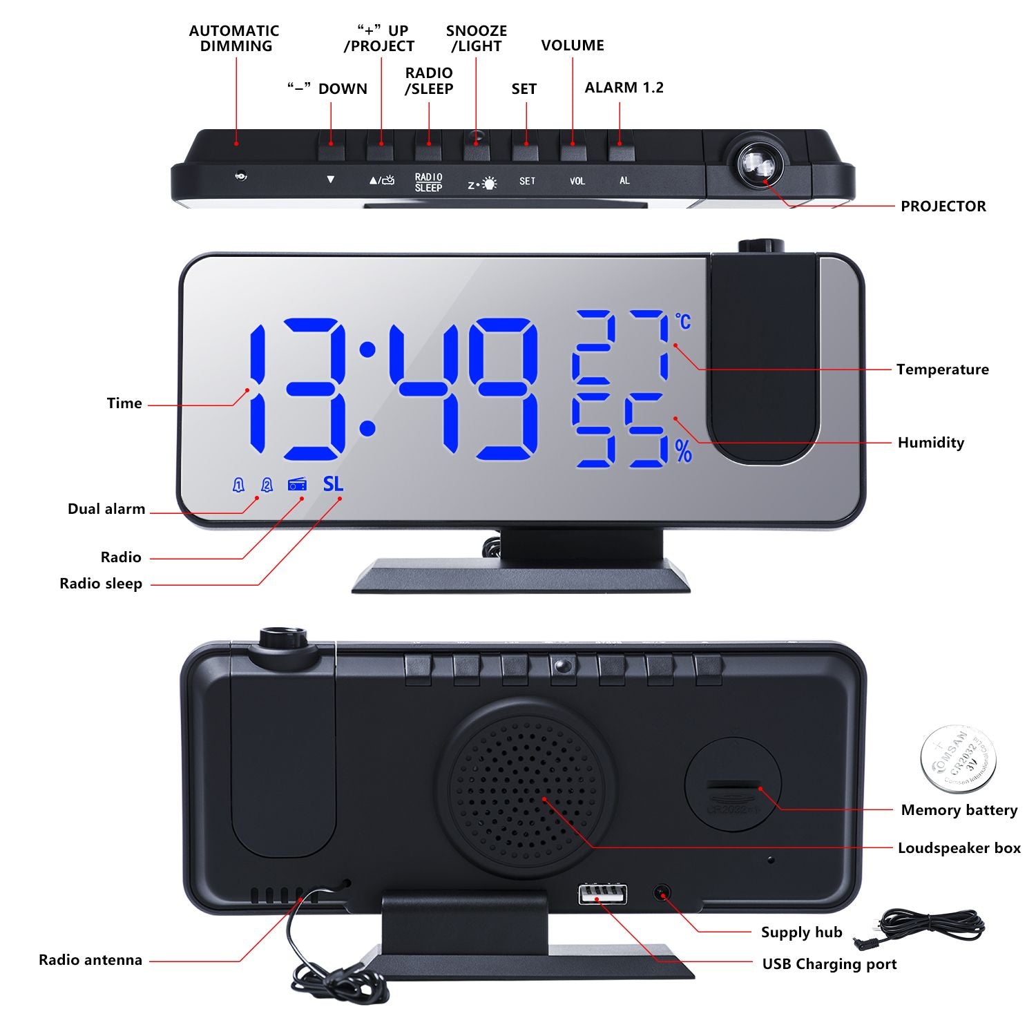 FM Radio LED Digital Smart Alarm Clock Watch Table Electronic Desktop Clocks USB Wake Up Clock with 180° Time Projection Snooze - Discount Msrp 