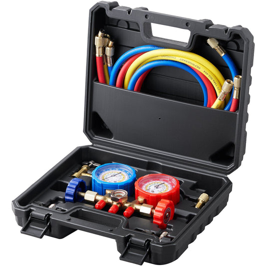VEVOR AC Gauge Set - 3 Way AC Manifold Gauge Set for R134A R22 R12 R502 Refrigerant, Freon Gauges with 5ft Hoses, Couplers, Can Tap Works on Car Auto Freon Charging and Evacuation - Discount Msrp 