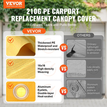 VEVOR Carport Replacement Canopy Cover 10 x 20 ft, Garage Top Tent Shelter Tarp Heavy-Duty Waterproof & UV Protected, Easy Installation with Ball Bungees,Beige (Only Top Cover, Frame Not Include) - Discount Msrp 