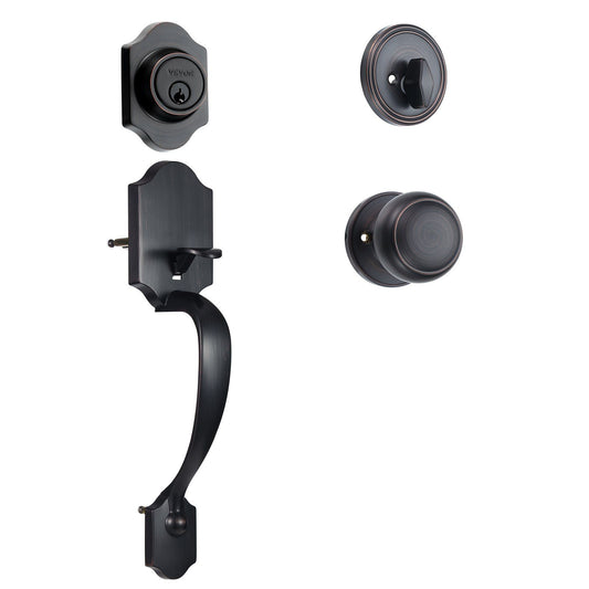 VEVOR Front Door Handle and Deadbolt Set, Antique Copper Front Door Lock Set with Interior Knob, Adjustable Hole Spacing Single Cylinder Handleset, for Right and Left Handed Entrance and Front Door - Discount Msrp 