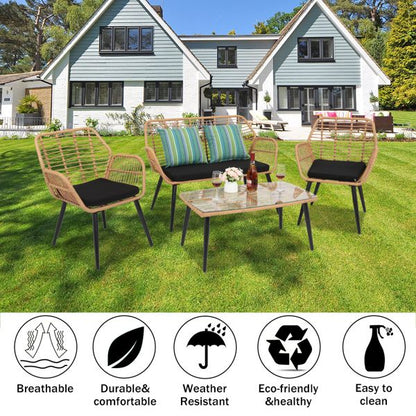4-Piece Patio Furniture Outdoor Bistro Set, All Weather Rattan Conversation Bistro Loveseat Chair and Table Set for Backyard Balcony Deck - Discount Msrp 