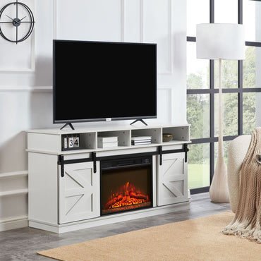 Modern Farmhouse TV Media Stand, Large Barn Inspired Home Entertainment Console, with 23" Fireplace Insert, for TV Up to 65'', with Open Shelves and Closed Cabinets, White - Discount Msrp 