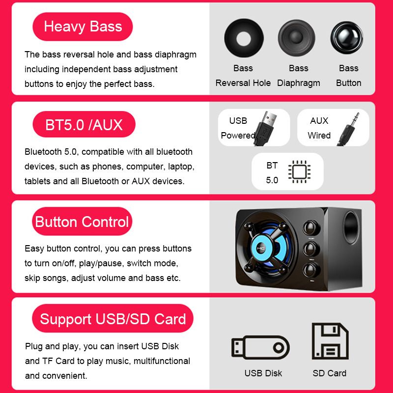 Computer Combination Speakers AUX USB Wired Wireless Bluetooth Audio System Home Theater Surround SoundBar for PC TV - Discount Msrp 