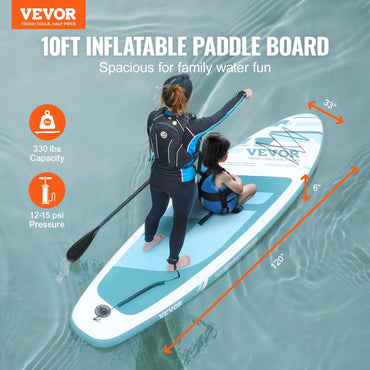 VEVOR Inflatable Stand Up Paddle Board, 10' x 33" x 6" Wide SUP Paddleboard, with Board Accessories, Pump, Paddle, Fin, Phone Bag, Backpack, Ankle Leash, Repair Kit, Non-slip Deck for Youth & Adults - Discount Msrp 