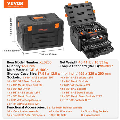 VEVOR Mechanics Tool Set and Socket Set, 1/4" 3/8" 1/2" Drive Deep and Standard Sockets, 450 Pcs SAE and Metric Mechanic Tool Kit with Bits, Hex Wrenches, Combination Wrench, Accessories, Storage Case - Discount Msrp 