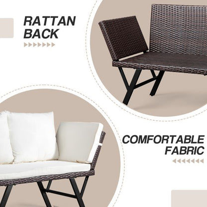 Outdoor Sofa, Woven Rattan Patio Furniture, Convertible Daybed or Double Chair with Adjustable Armrests, Cushions and Pillows for Yard Porch Pool, Gray Lounger & Beige Cushion - Discount Msrp 