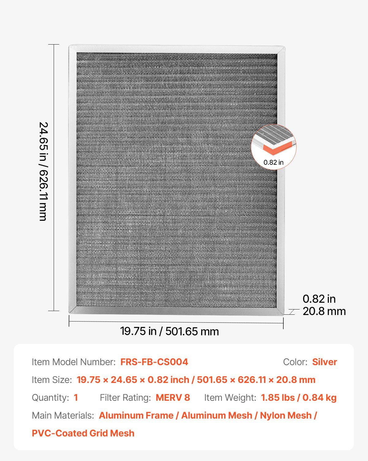 20x25x1 Aluminum Electrostatic Air Filter MERV 8 Actual 19.75x24.65x0.82 - Discount Msrp 