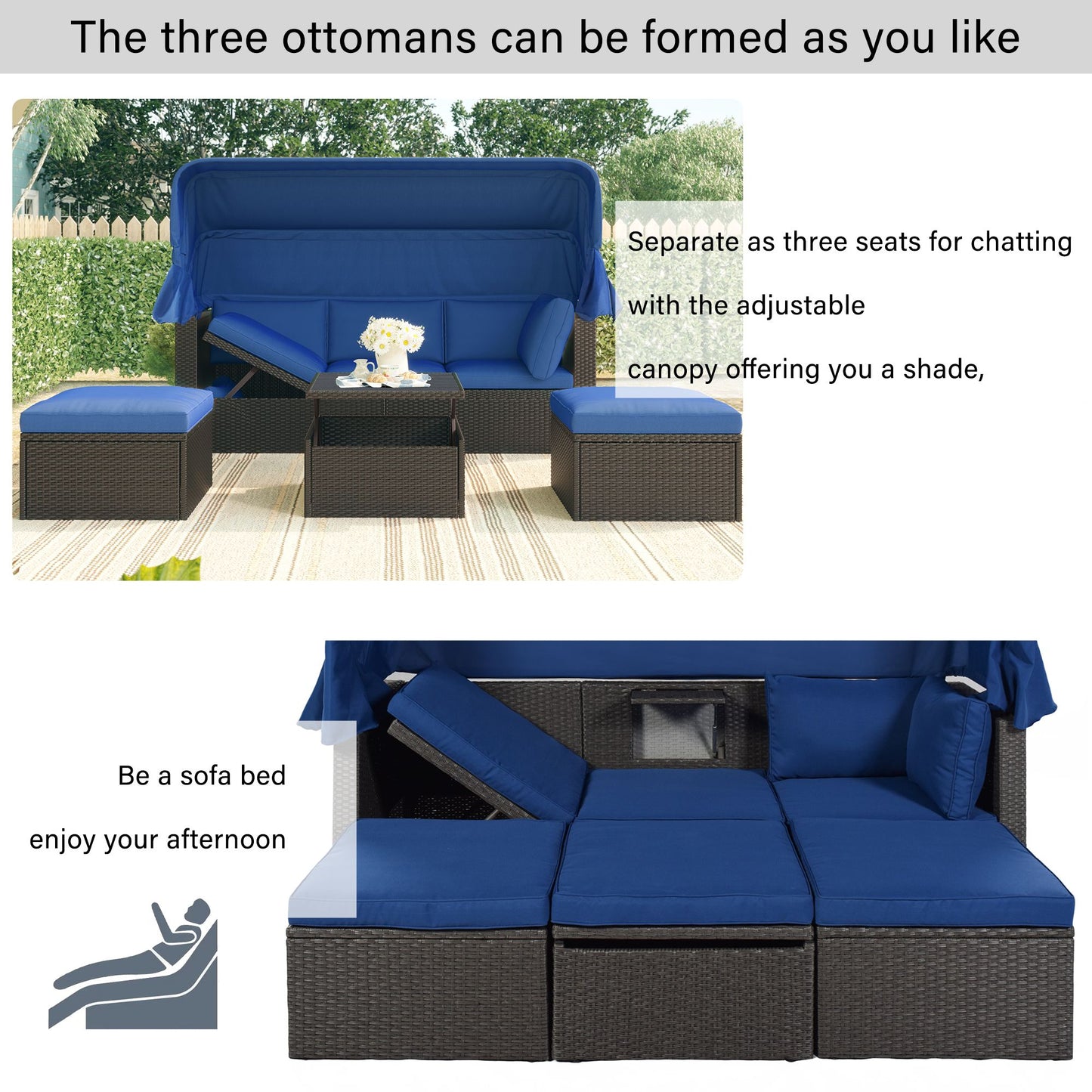 Outdoor Patio Rectangle Daybed with Retractable Canopy, Wicker Furniture Sectional Seating with Washable Cushions, Backyard, Porch - Discount Msrp 