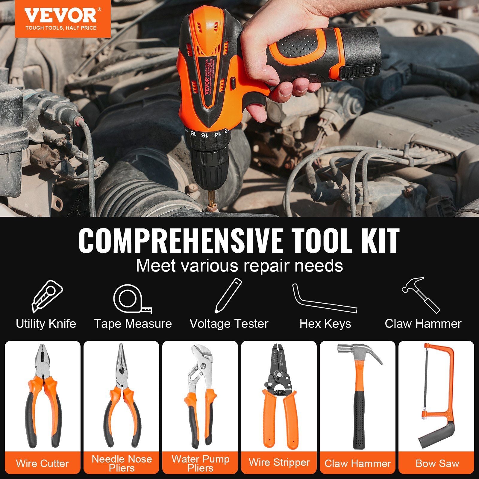 VEVOR Tool Kit, 146 Piece General Household Hand Tool Set, with Electric Drill and Portable Tool Storage Case, High-Quality Steel, for Home Maintenance, DIY Projects, and Automotive Repair - Discount Msrp 