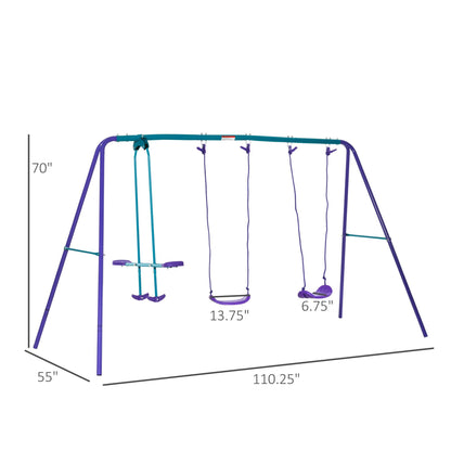 Outsunny Metal Swing Set with Glider, Two Swing Seats and Adjustable Height, Outdoor Heavy Duty A-Frame Suitable for Playground, Backyard, Purple - Discount Msrp 