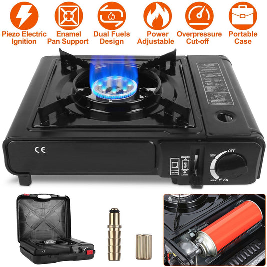 3300W Portable Camping Stove Butane Canister Dual Fuel Burner Piezo Electric Ignition Single Burner with Automatic Tank Ejection Overpressure Cut Off Carry Case for Camping Hiking Picnic Fishing - Discount Msrp 