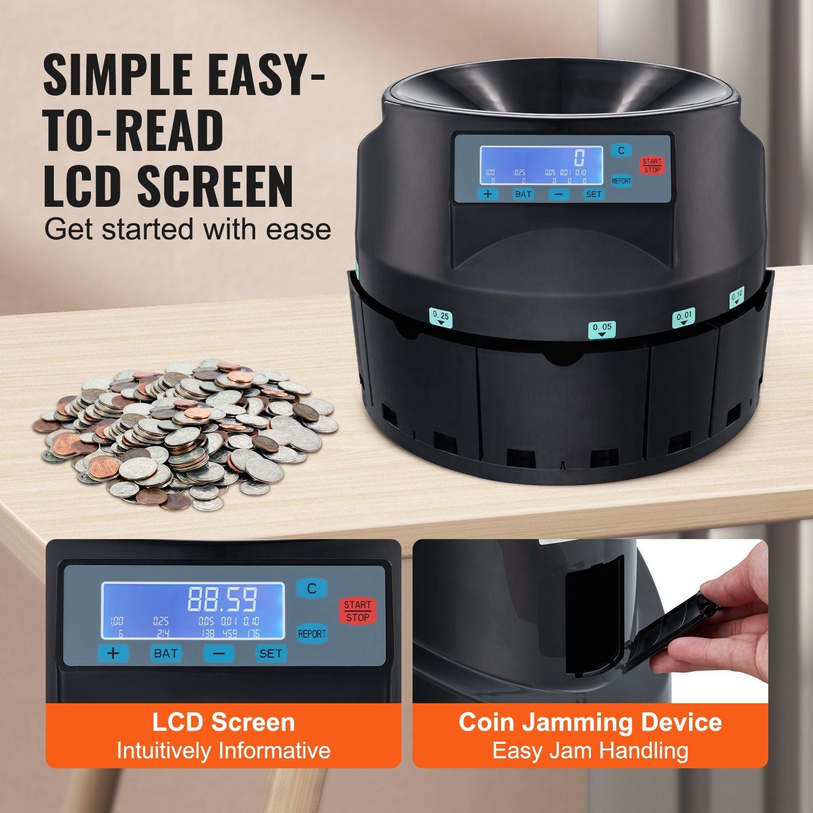 VEVOR USD Coin Sorter Coin Counter Wrapper and Roller 300 Coins/min LCD Display - Discount Msrp 