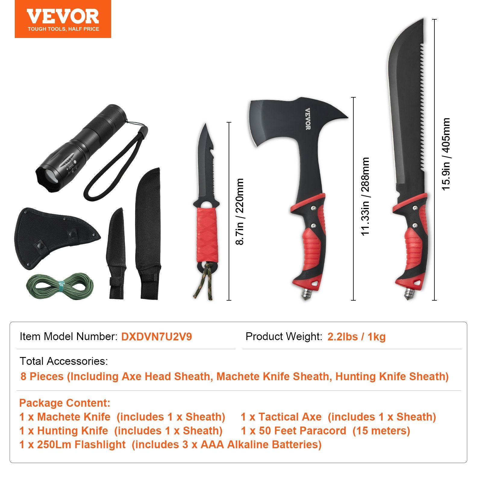 Camping Hatchet Machete Knife Set Sheath Hunting Knife Flashlight Paracord - Discount Msrp 