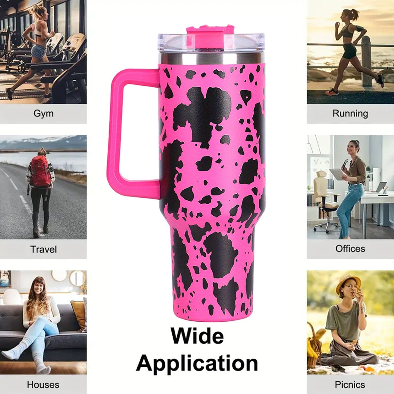 40oz 5D cowprint Insulated Tumbler With Handle And Straw Lid Portable Large Capacity water bottle, Heat preservation,304 Stainless Steel Cup For Outdoor Sports, Travel & Camping Birthday Gift - Discount Msrp 