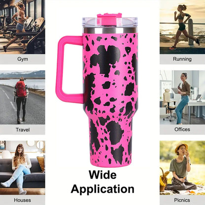 40oz 5D cowprint Insulated Tumbler With Handle And Straw Lid Portable Large Capacity water bottle, Heat preservation,304 Stainless Steel Cup For Outdoor Sports, Travel & Camping Birthday Gift - Discount Msrp 