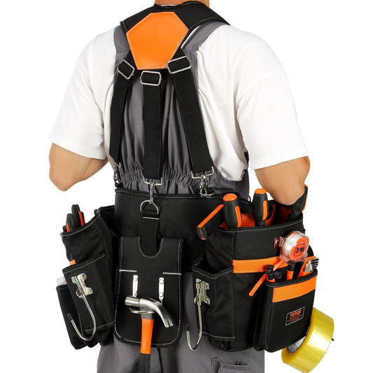 VEVOR Tool Belt with Suspenders, 29 Pockets, 29-54 inches Adjustable Waist Size, Tool Belts for Men, 600D Polyester Heavy Duty Carpenter Tool Pouch for Carpenters, Electricians, and Gardening, Black - Discount Msrp 