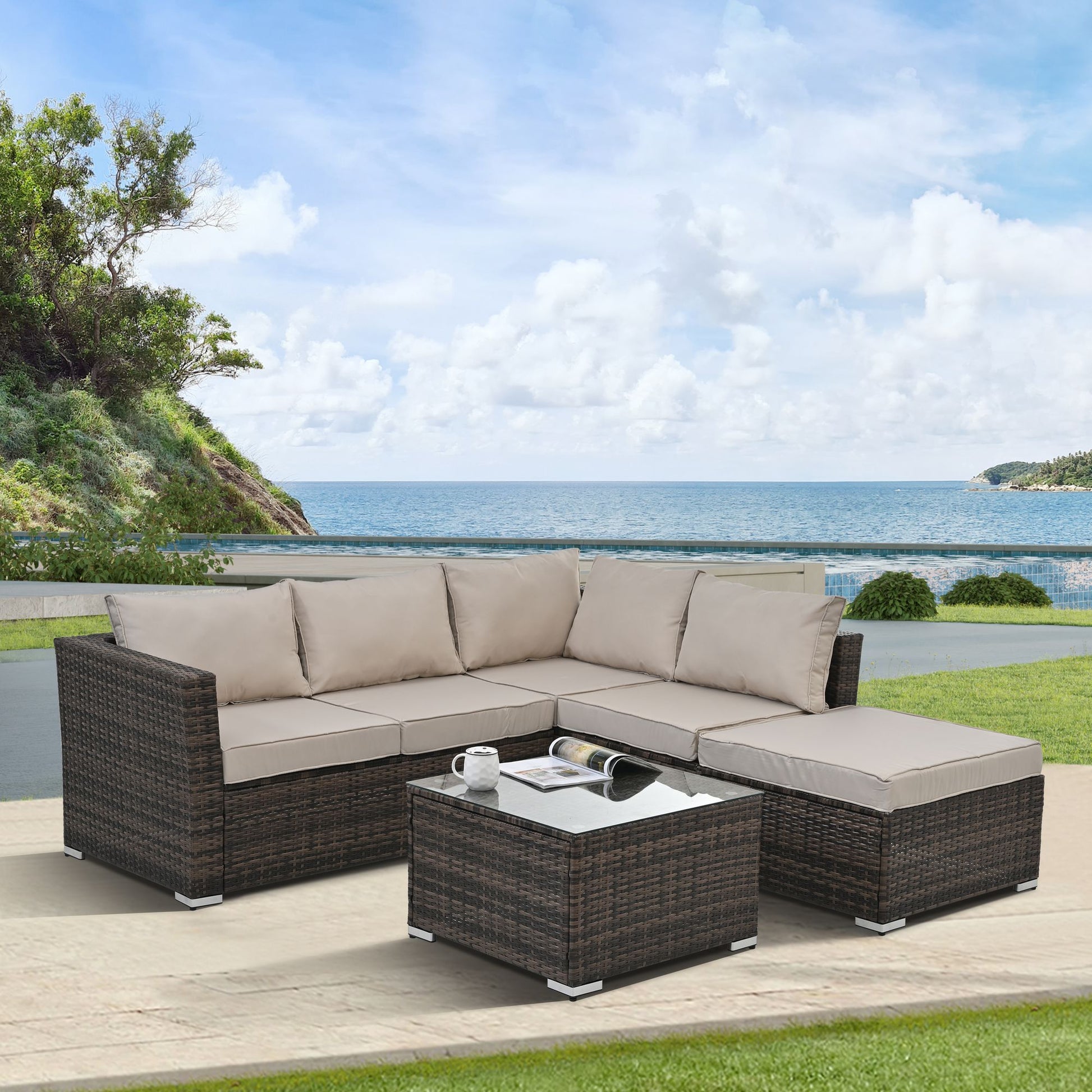 Patio Furniture, Outdoor Furniture, Seasonal PE Wicker Furniture, 4 Set Wicker Furniture With Tempered Glass Coffee Table - Discount Msrp 